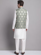 Jompers Men's Green Printed Nehru Jacket With Solid Kurta Pyjama | Grocsy