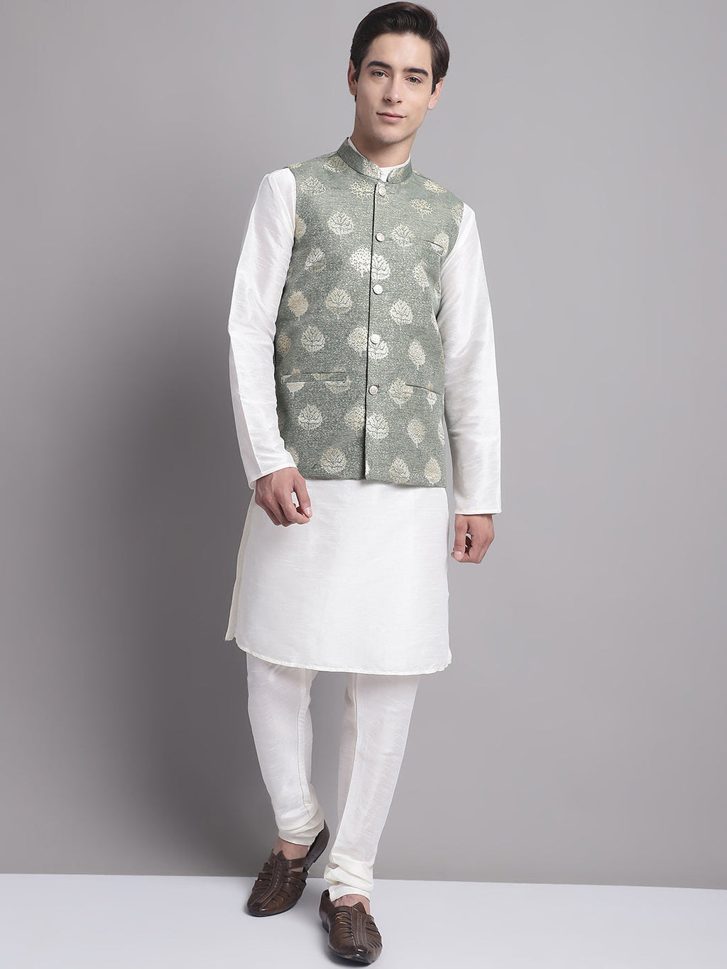 Jompers Men's Green Printed Nehru Jacket With Solid Kurta Pyjama | Grocsy