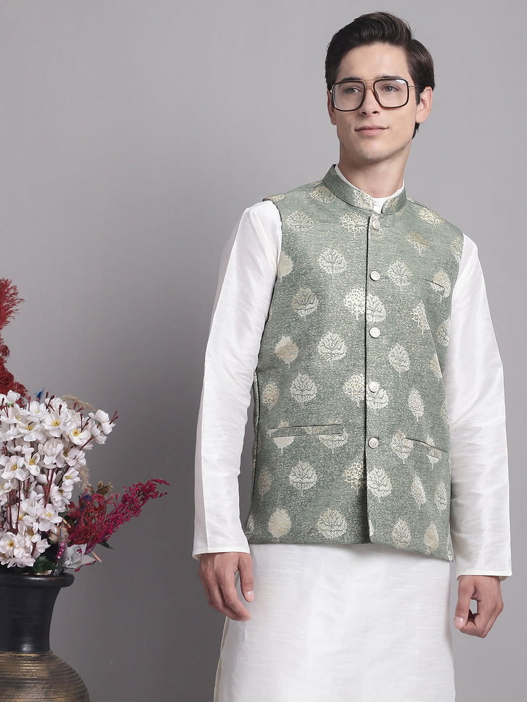 Jompers Men's Green Printed Nehru Jacket With Solid Kurta Pyjama | Grocsy