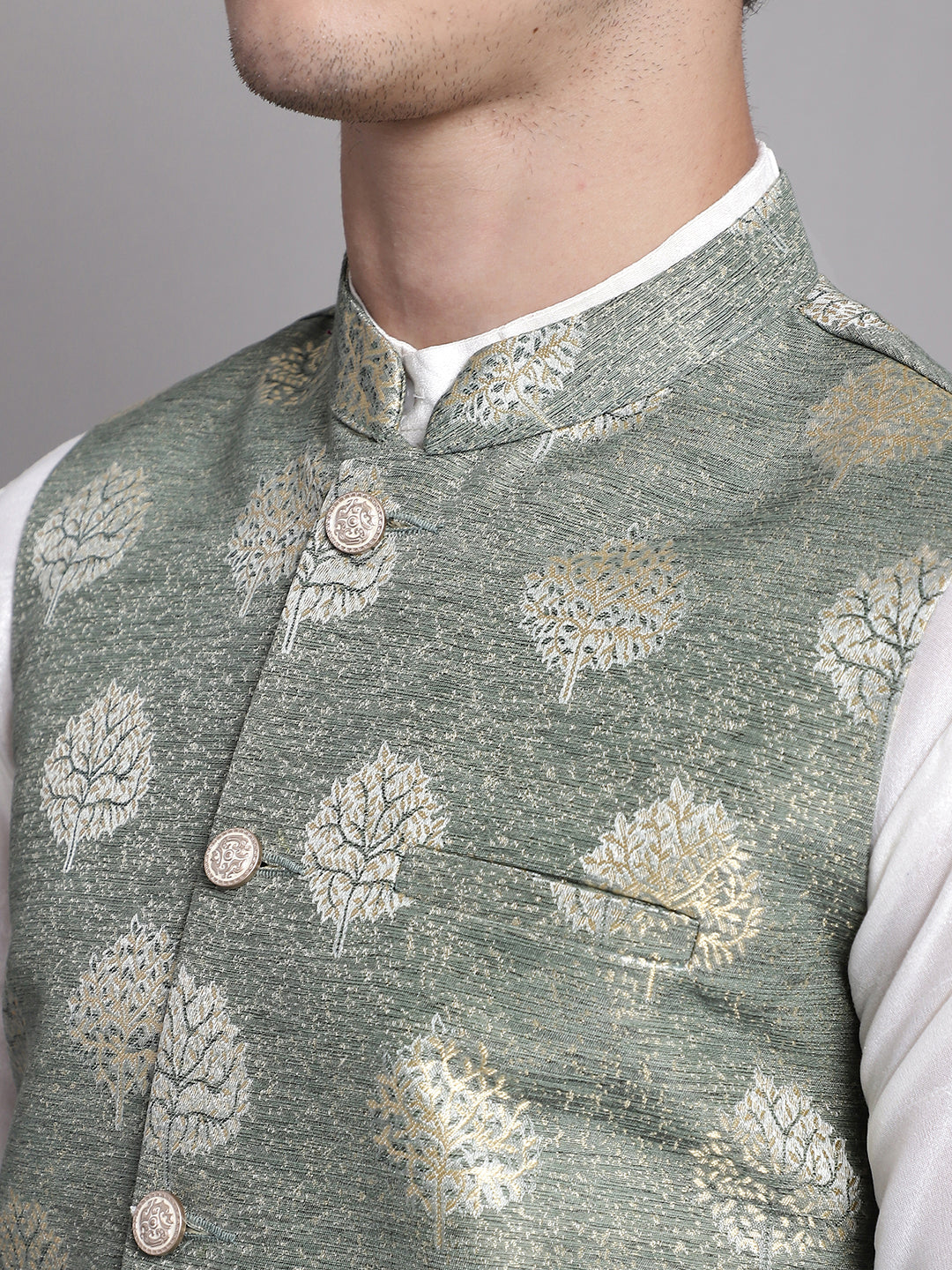 Jompers Men's Green Printed Nehru Jacket With Solid Kurta Pyjama | Grocsy