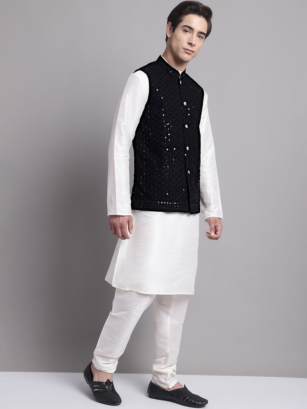 Jompers Men's Black Sequins and Embroidred Nehru Jacket With Solid Kurta Pyjama | Grocsy