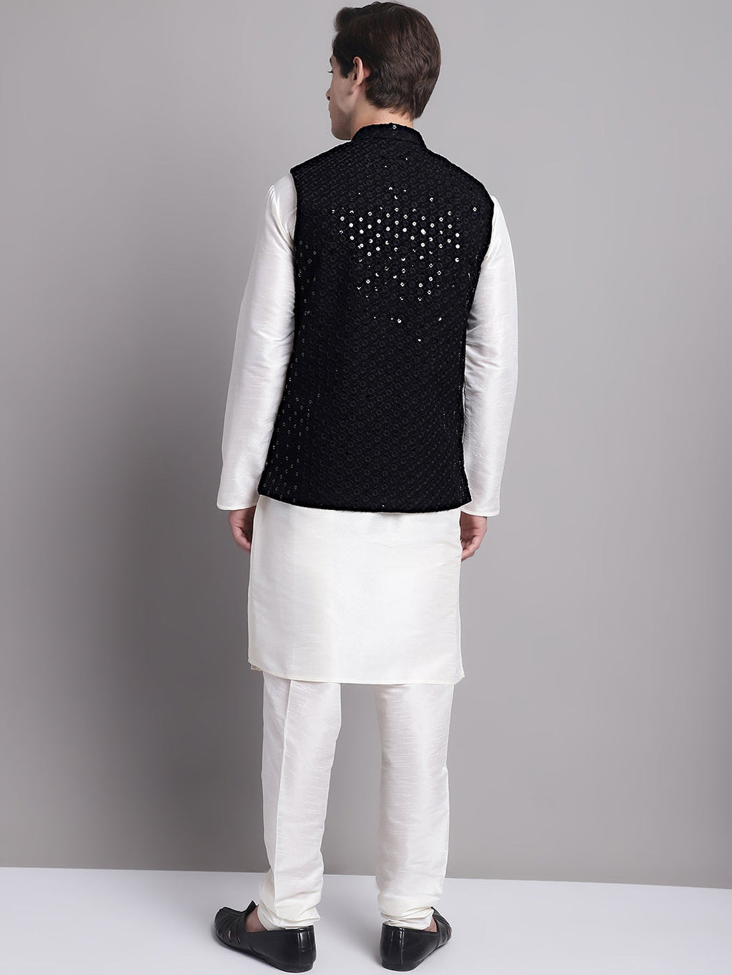 Jompers Men's Black Sequins and Embroidred Nehru Jacket With Solid Kurta Pyjama | Grocsy