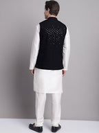Jompers Men's Black Sequins and Embroidred Nehru Jacket With Solid Kurta Pyjama | Grocsy