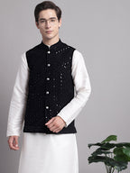 Jompers Men's Black Sequins and Embroidred Nehru Jacket With Solid Kurta Pyjama | Grocsy