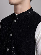 Jompers Men's Black Sequins and Embroidred Nehru Jacket With Solid Kurta Pyjama | Grocsy