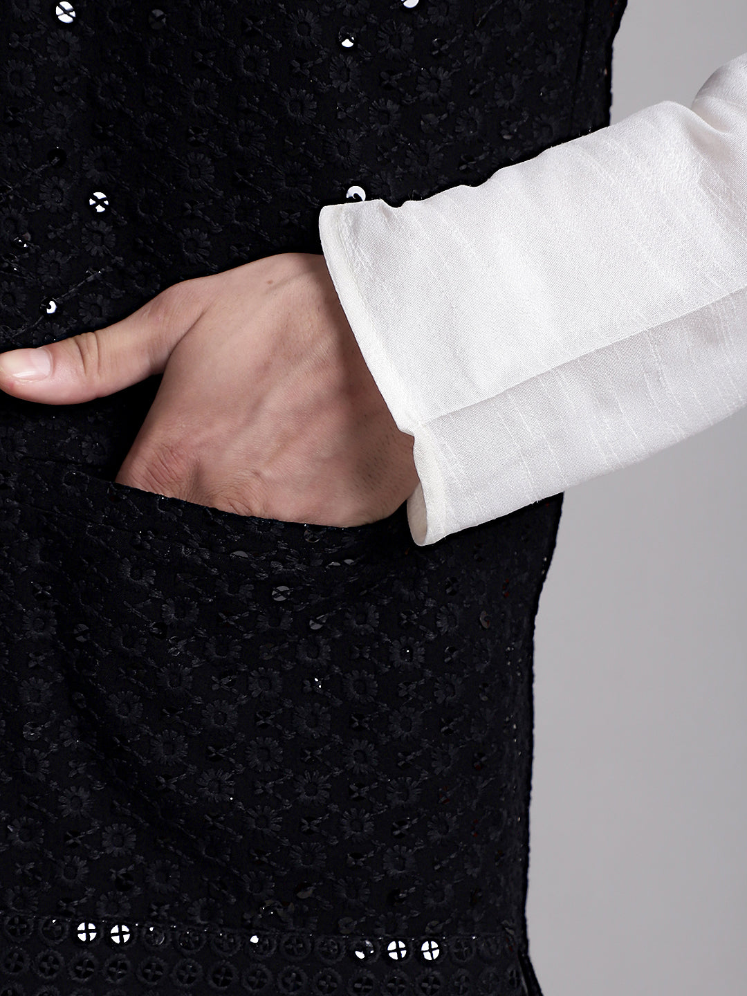 Jompers Men's Black Sequins and Embroidred Nehru Jacket With Solid Kurta Pyjama | Grocsy