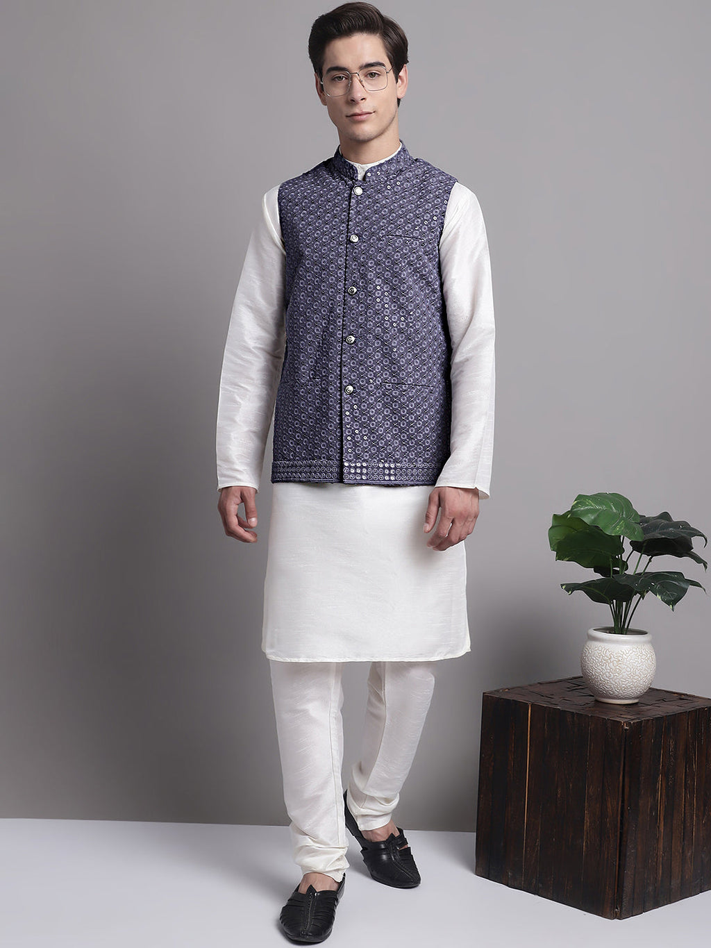Jompers Men's Grey Sequins and Embroidred Nehru Jacket With Solid Kurta Pyjama | Grocsy
