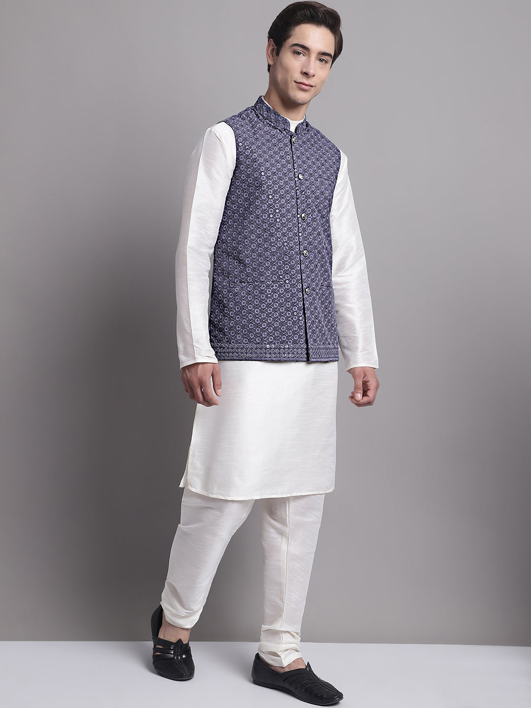 Jompers Men's Grey Sequins and Embroidred Nehru Jacket With Solid Kurta Pyjama | Grocsy