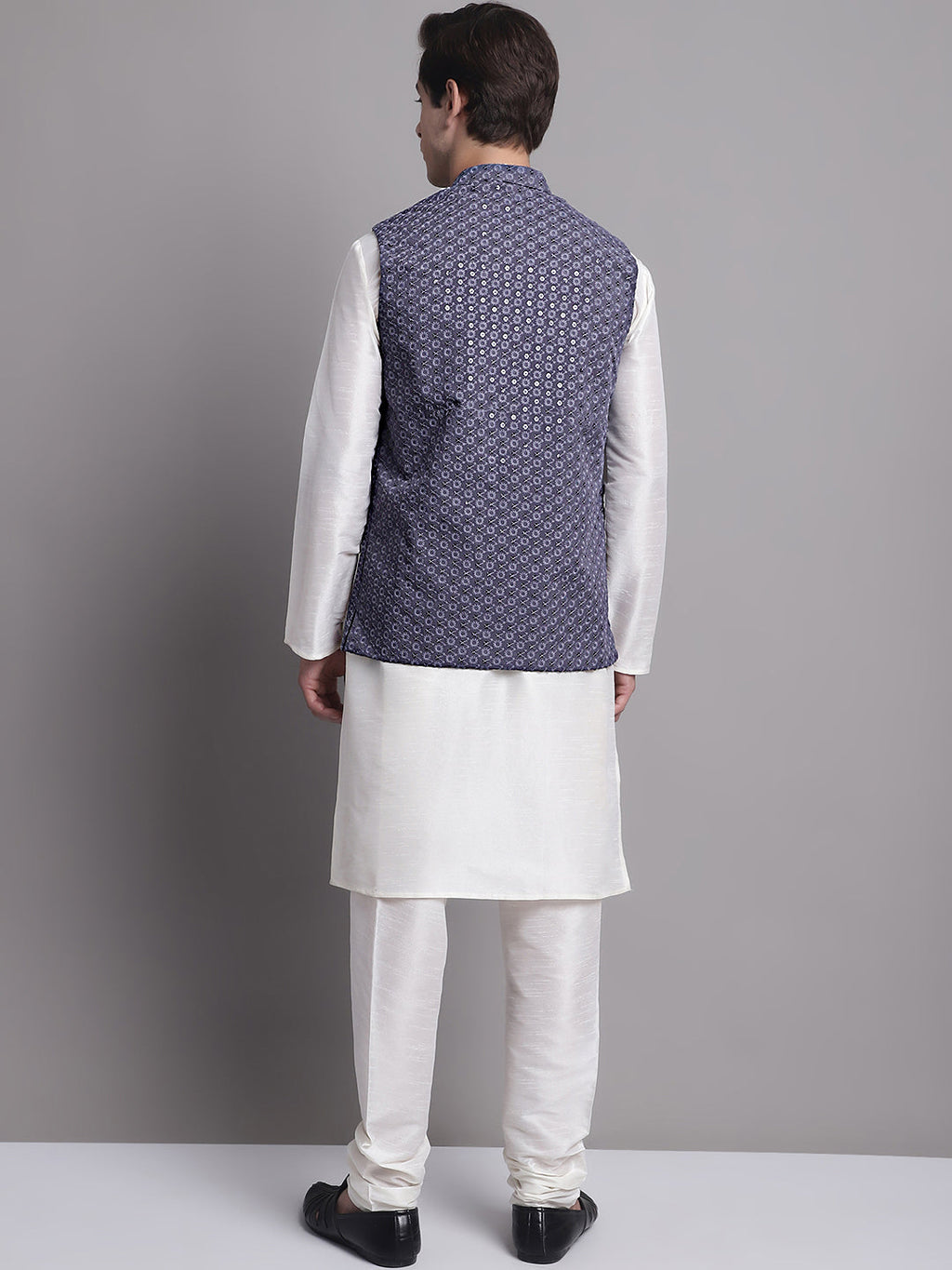Jompers Men's Grey Sequins and Embroidred Nehru Jacket With Solid Kurta Pyjama | Grocsy