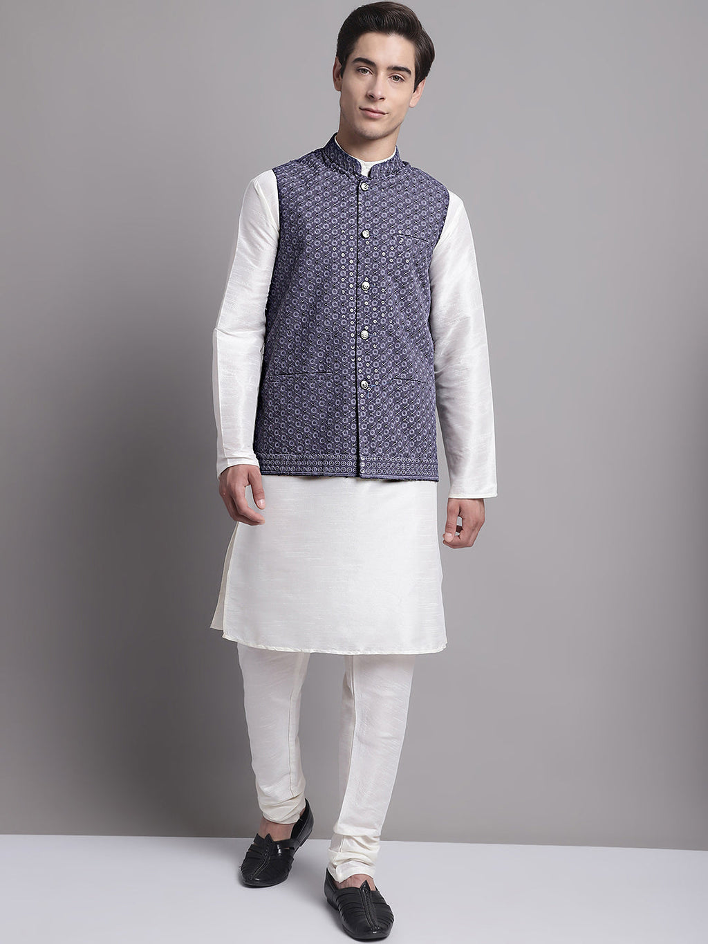 Jompers Men's Grey Sequins and Embroidred Nehru Jacket With Solid Kurta Pyjama | Grocsy