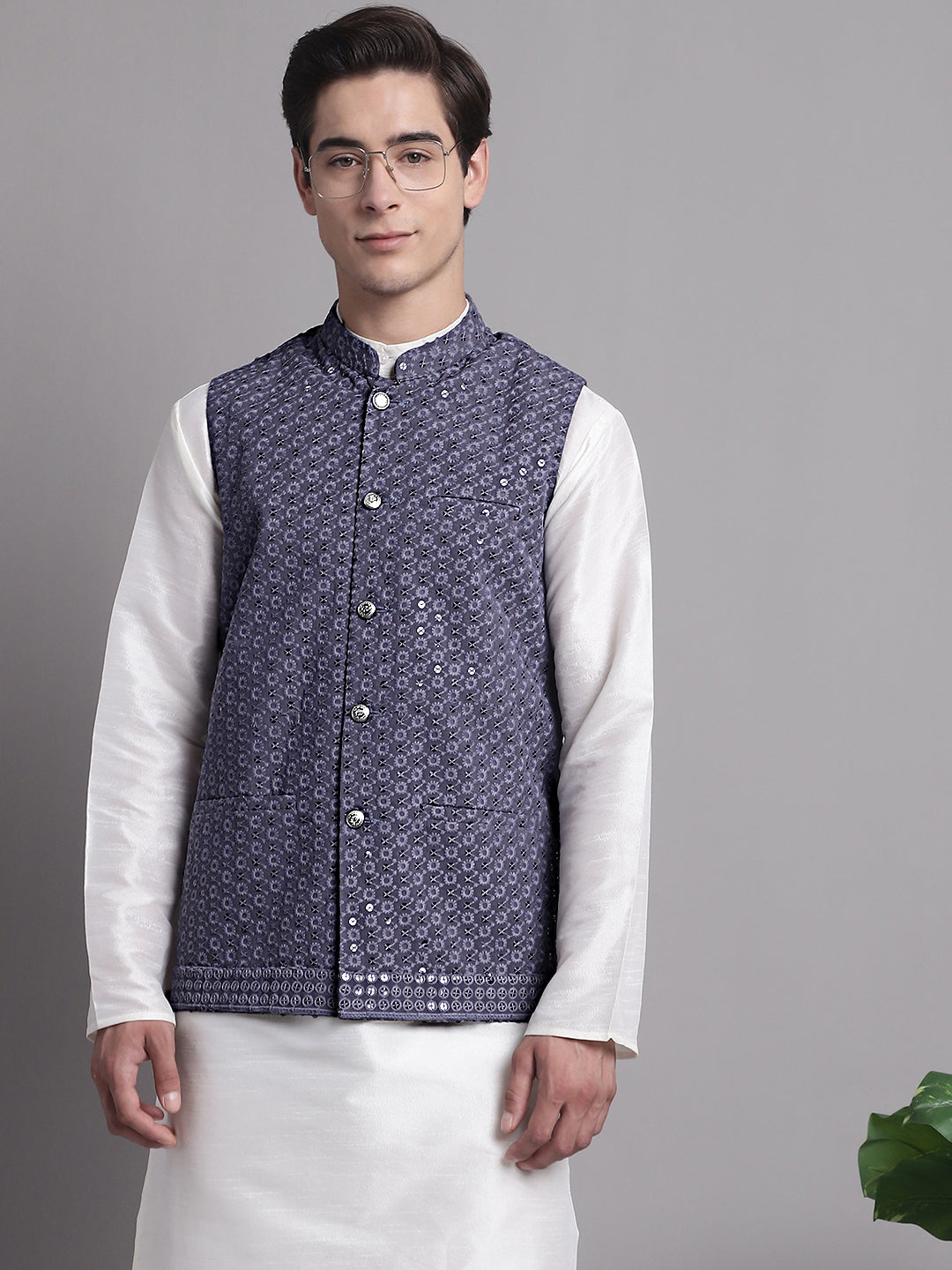 Jompers Men's Grey Sequins and Embroidred Nehru Jacket With Solid Kurta Pyjama | Grocsy