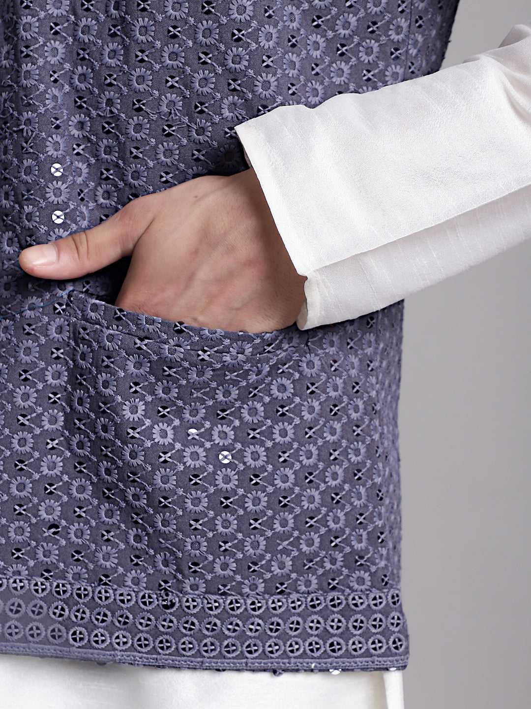Jompers Men's Grey Sequins and Embroidred Nehru Jacket With Solid Kurta Pyjama | Grocsy