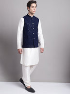 Jompers Men's Navy Blue Sequins and Embroidred Nehru Jacket With Solid Kurta Pyjama | Grocsy