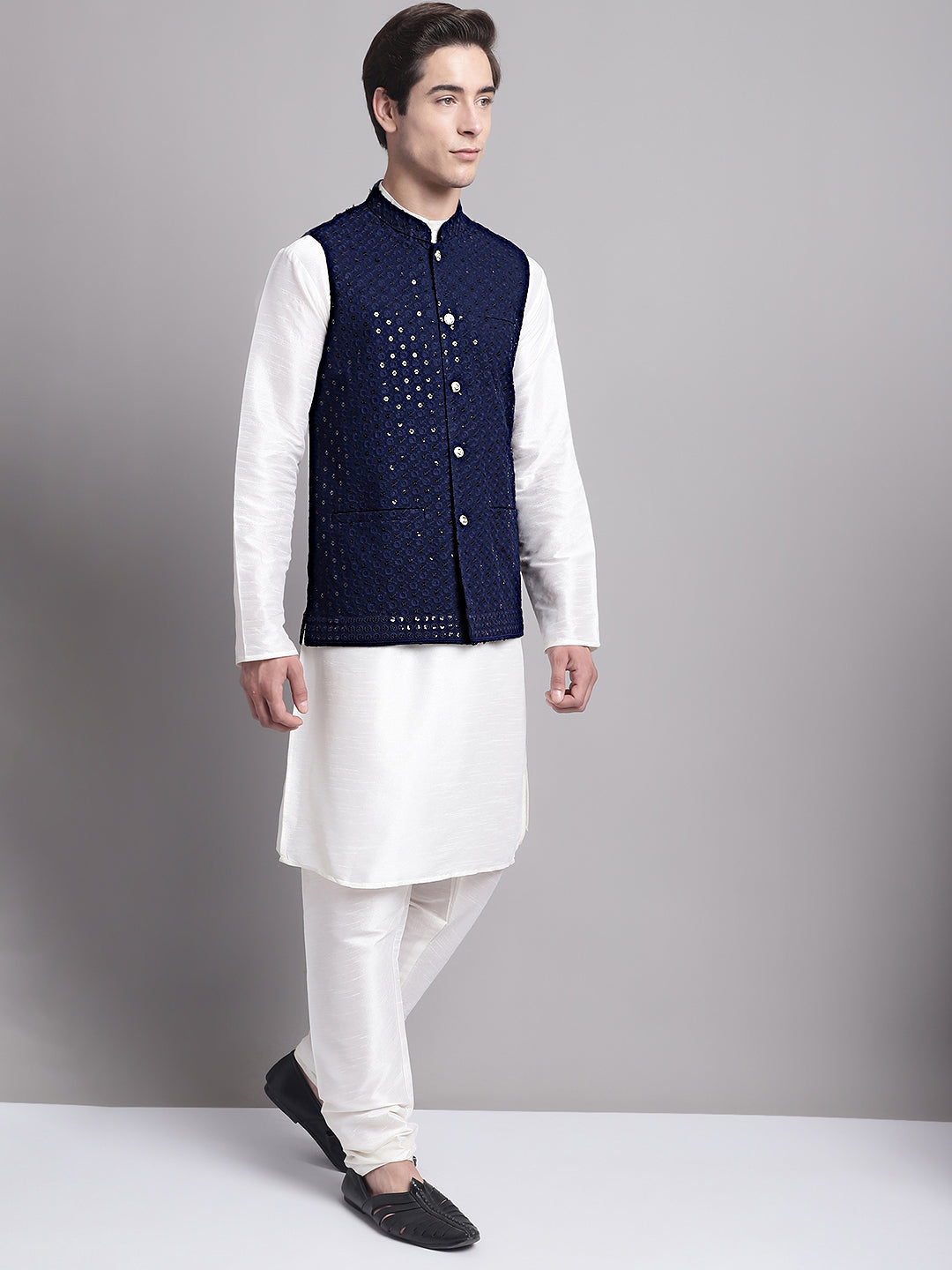 Jompers Men's Navy Blue Sequins and Embroidred Nehru Jacket With Solid Kurta Pyjama | Grocsy