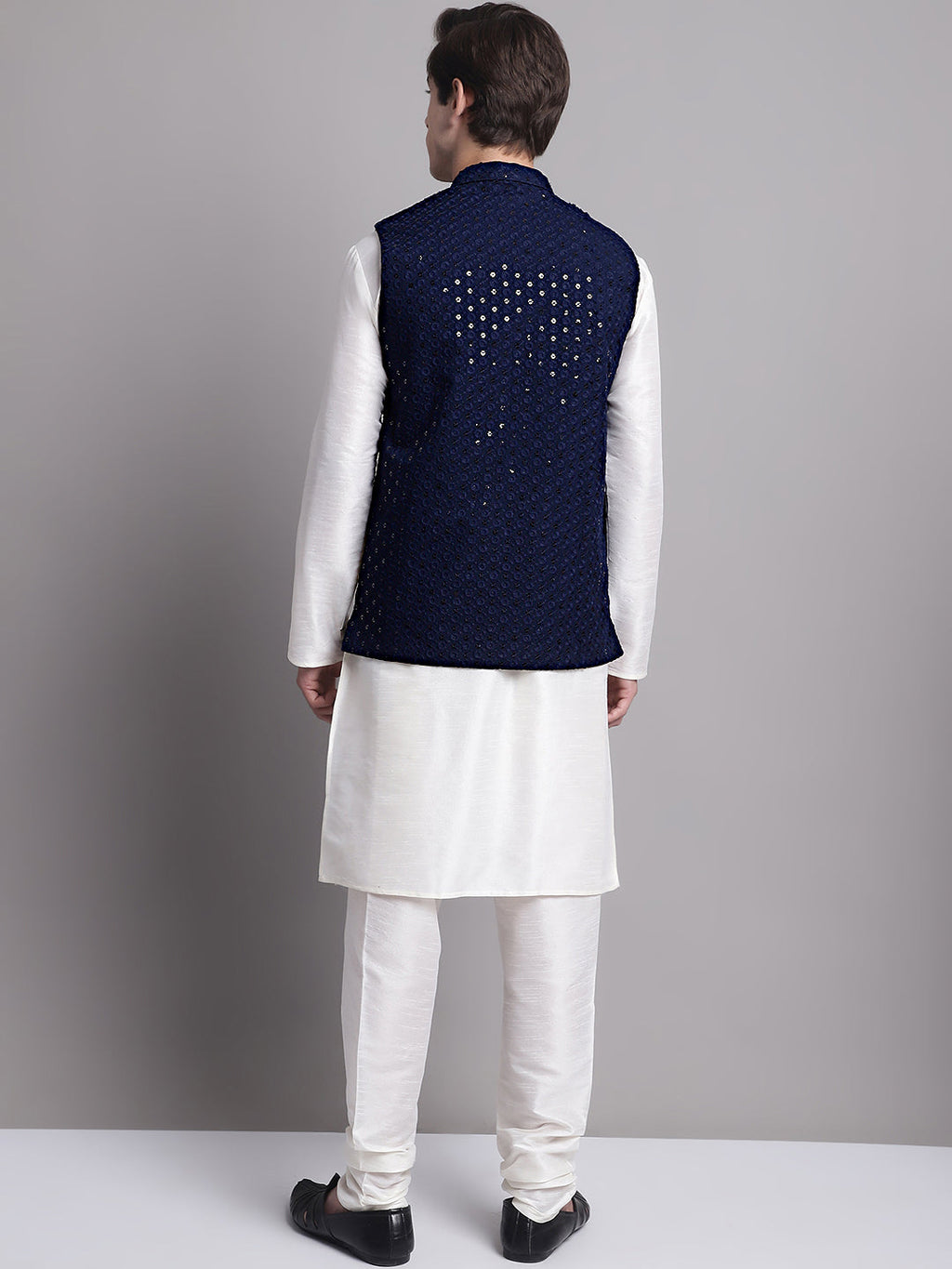 Jompers Men's Navy Blue Sequins and Embroidred Nehru Jacket With Solid Kurta Pyjama | Grocsy