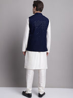 Jompers Men's Navy Blue Sequins and Embroidred Nehru Jacket With Solid Kurta Pyjama | Grocsy