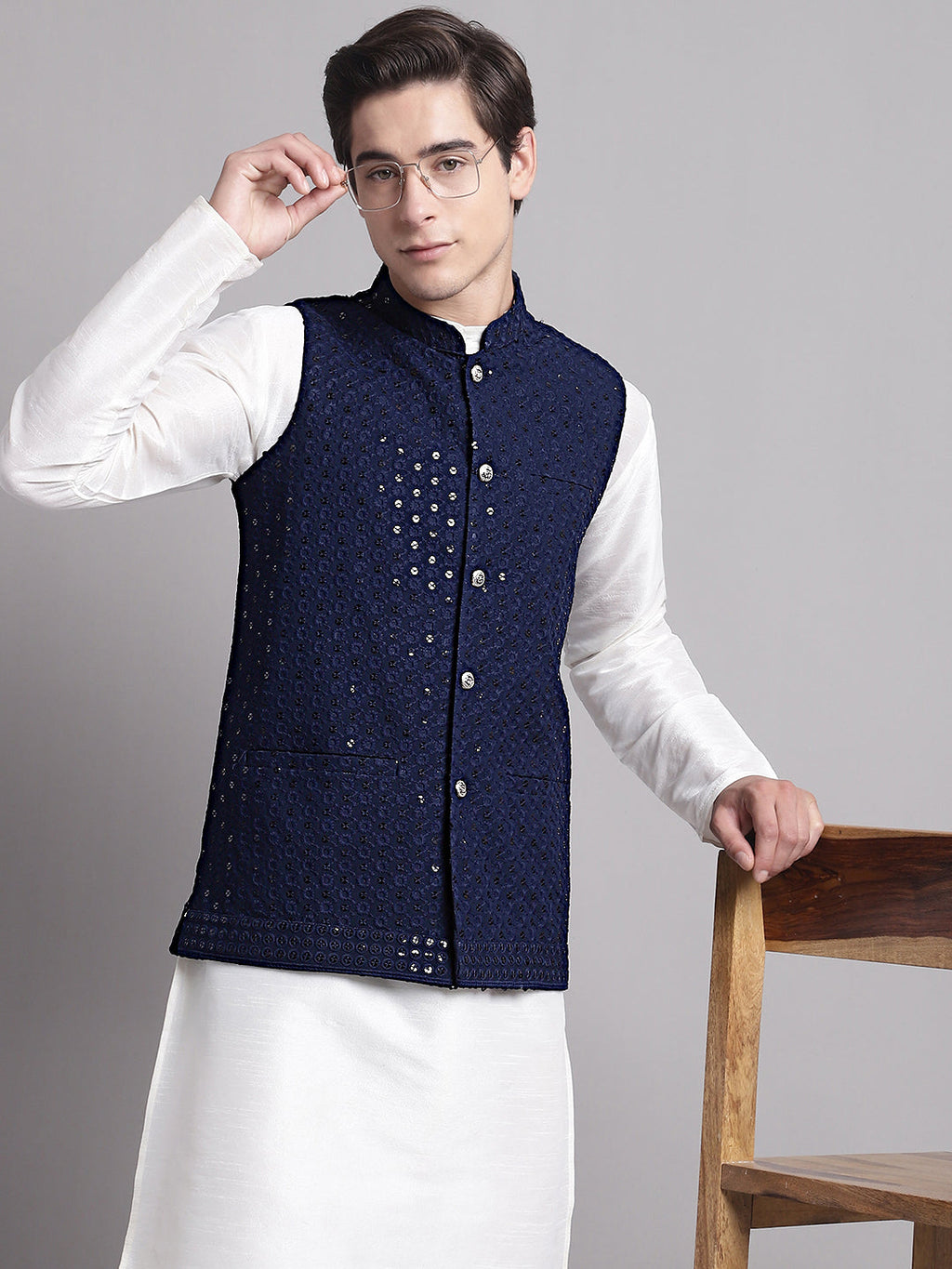 Jompers Men's Navy Blue Sequins and Embroidred Nehru Jacket With Solid Kurta Pyjama | Grocsy