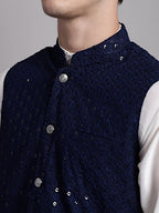 Jompers Men's Navy Blue Sequins and Embroidred Nehru Jacket With Solid Kurta Pyjama | Grocsy