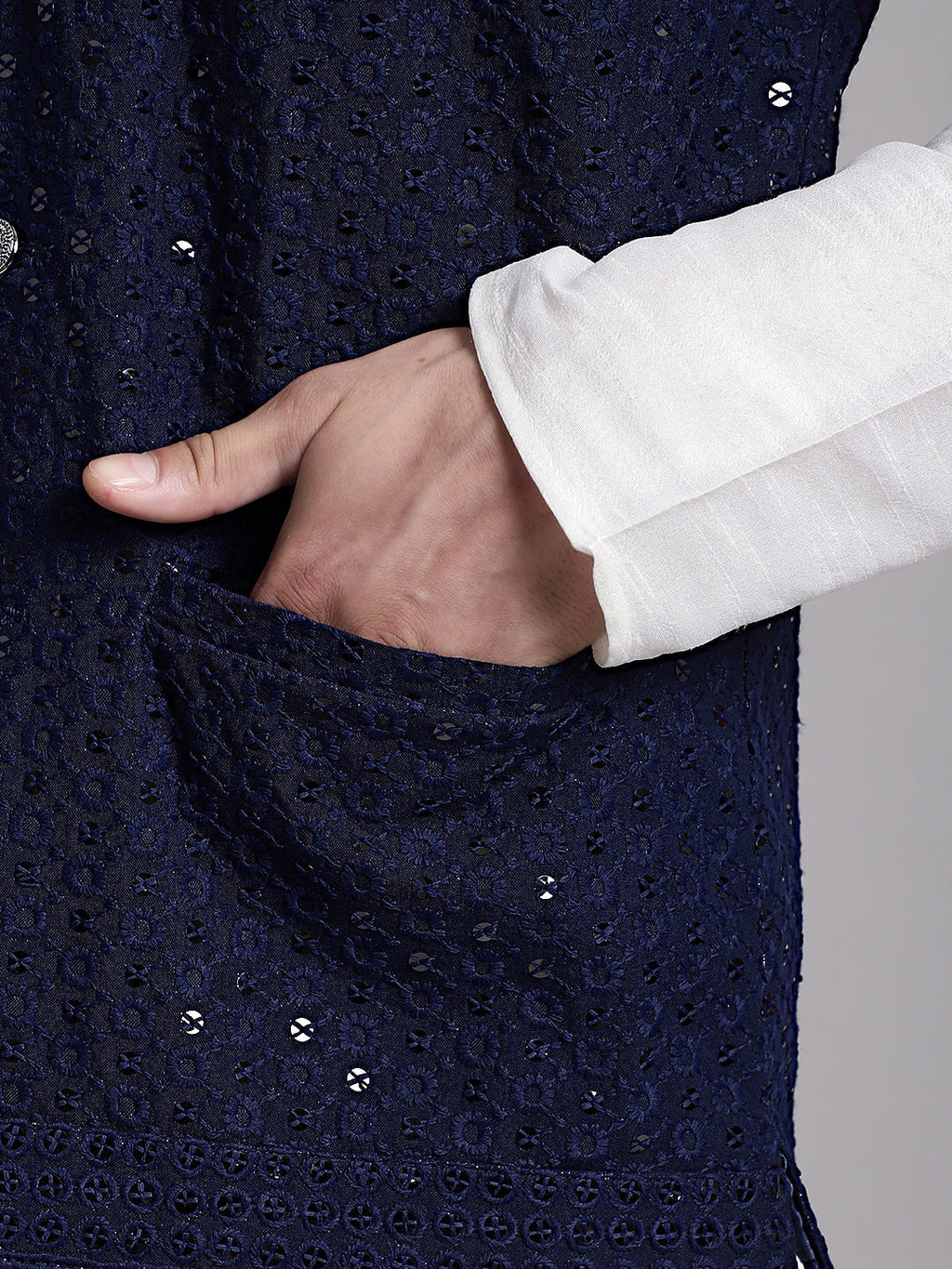 Jompers Men's Navy Blue Sequins and Embroidred Nehru Jacket With Solid Kurta Pyjama | Grocsy