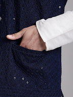 Jompers Men's Navy Blue Sequins and Embroidred Nehru Jacket With Solid Kurta Pyjama | Grocsy