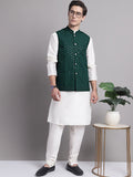 Jompers Men's Olive Green Sequins and Embroidred Nehru Jacket With Solid Kurta Pyjama | Grocsy