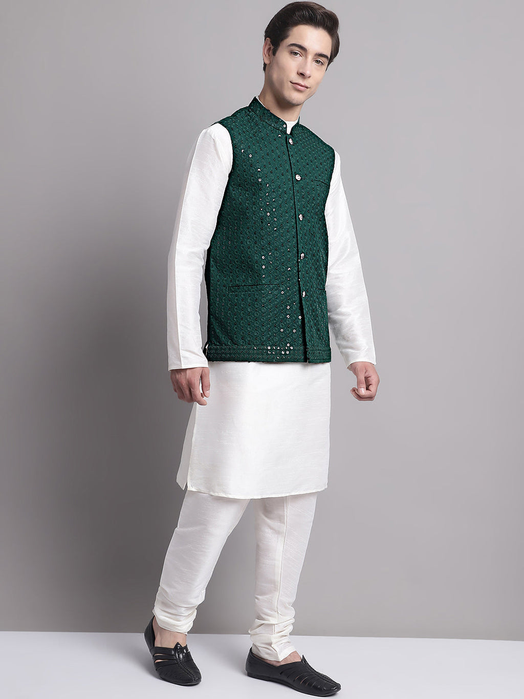 Jompers Men's Olive Green Sequins and Embroidred Nehru Jacket With Solid Kurta Pyjama | Grocsy