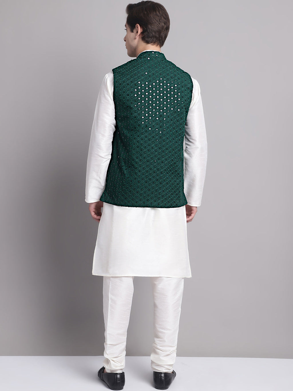 Jompers Men's Olive Green Sequins and Embroidred Nehru Jacket With Solid Kurta Pyjama | Grocsy
