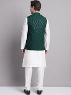 Jompers Men's Olive Green Sequins and Embroidred Nehru Jacket With Solid Kurta Pyjama | Grocsy