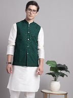 Jompers Men's Olive Green Sequins and Embroidred Nehru Jacket With Solid Kurta Pyjama | Grocsy