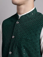 Jompers Men's Olive Green Sequins and Embroidred Nehru Jacket With Solid Kurta Pyjama | Grocsy