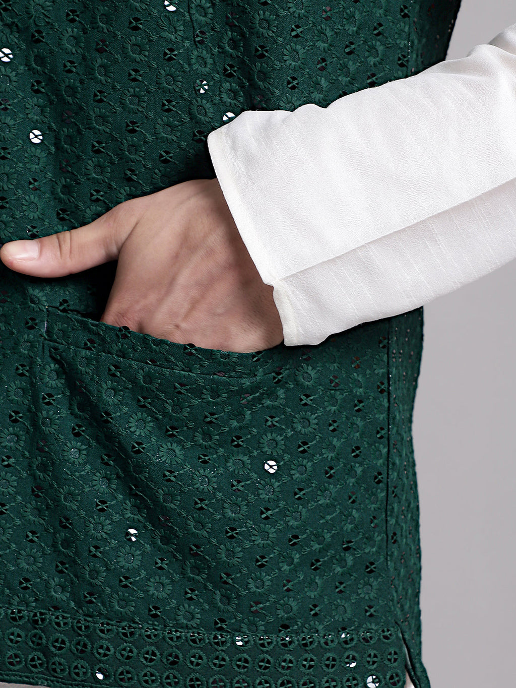 Jompers Men's Olive Green Sequins and Embroidred Nehru Jacket With Solid Kurta Pyjama | Grocsy