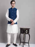 Jompers Men's Peacock Blue Sequins and Embroidred Nehru Jacket With Solid Kurta Pyjama | Grocsy