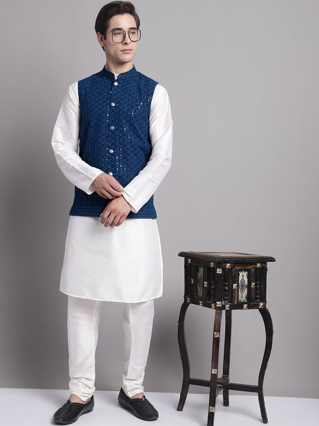 Jompers Men's Peacock Blue Sequins and Embroidred Nehru Jacket With Solid Kurta Pyjama | Grocsy