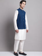 Jompers Men's Peacock Blue Sequins and Embroidred Nehru Jacket With Solid Kurta Pyjama | Grocsy