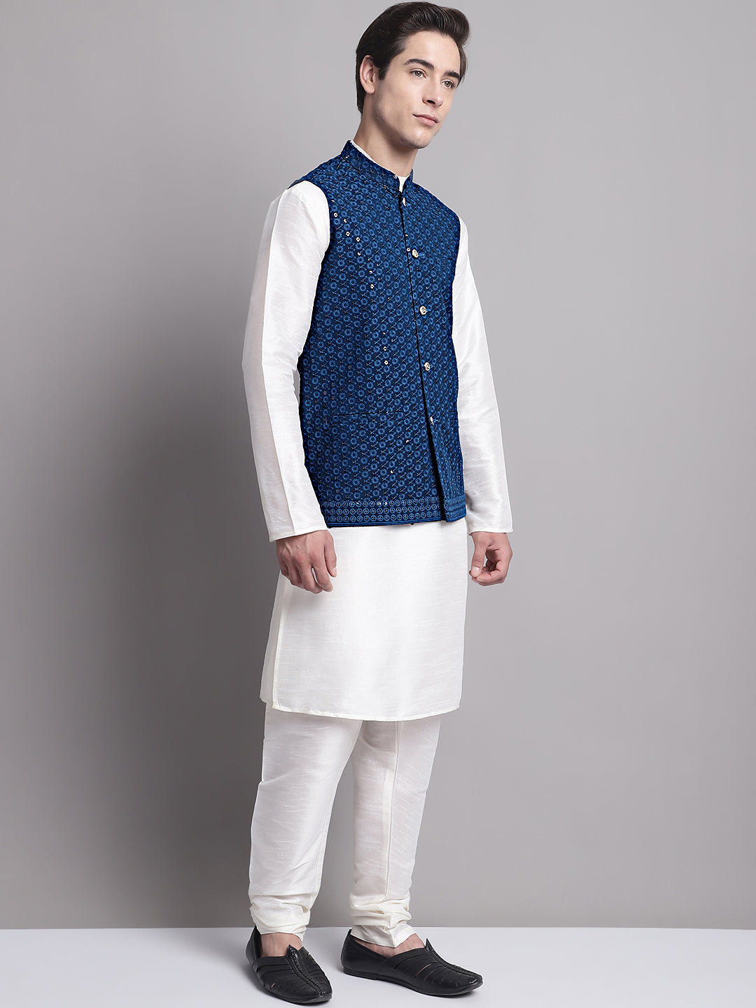 Jompers Men's Peacock Blue Sequins and Embroidred Nehru Jacket With Solid Kurta Pyjama | Grocsy