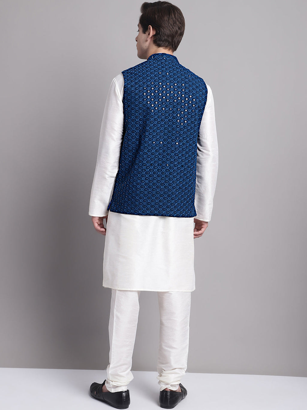 Jompers Men's Peacock Blue Sequins and Embroidred Nehru Jacket With Solid Kurta Pyjama | Grocsy