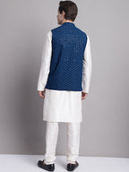 Jompers Men's Peacock Blue Sequins and Embroidred Nehru Jacket With Solid Kurta Pyjama | Grocsy