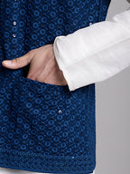 Jompers Men's Peacock Blue Sequins and Embroidred Nehru Jacket With Solid Kurta Pyjama | Grocsy