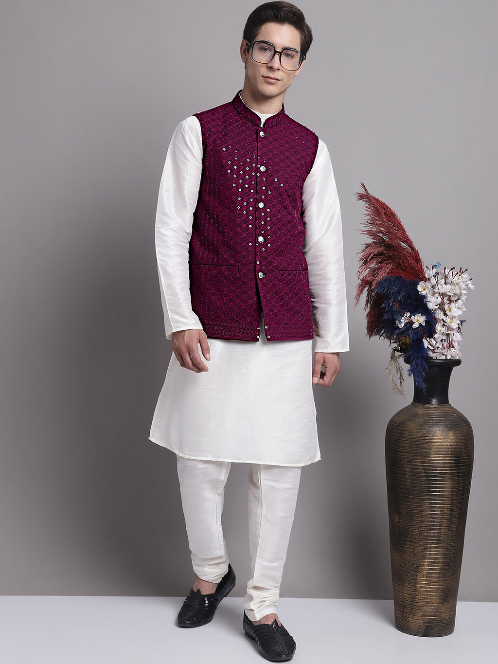 Jompers Men's Purple Sequins and Embroidred Nehru Jacket With Solid Kurta Pyjama | Grocsy
