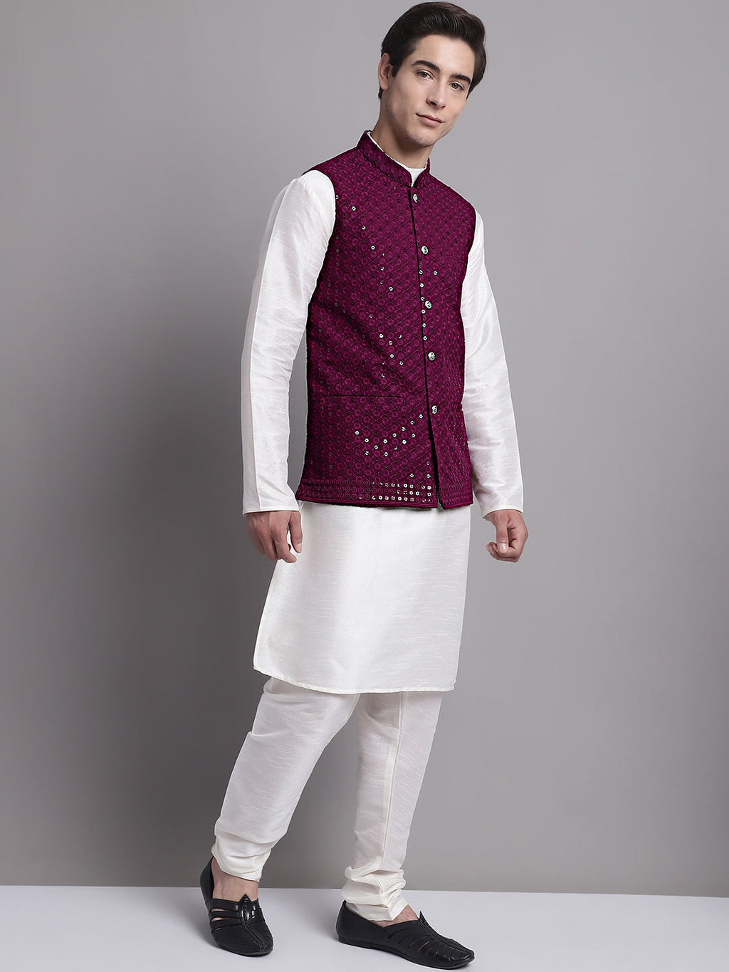 Jompers Men's Purple Sequins and Embroidred Nehru Jacket With Solid Kurta Pyjama | Grocsy