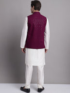 Jompers Men's Purple Sequins and Embroidred Nehru Jacket With Solid Kurta Pyjama | Grocsy