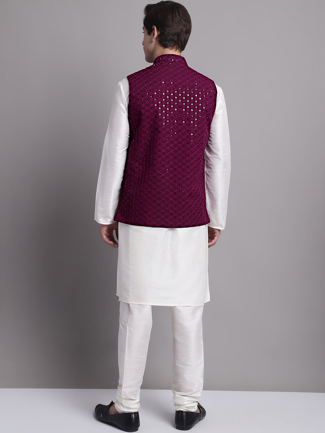 Jompers Men's Purple Sequins and Embroidred Nehru Jacket With Solid Kurta Pyjama | Grocsy