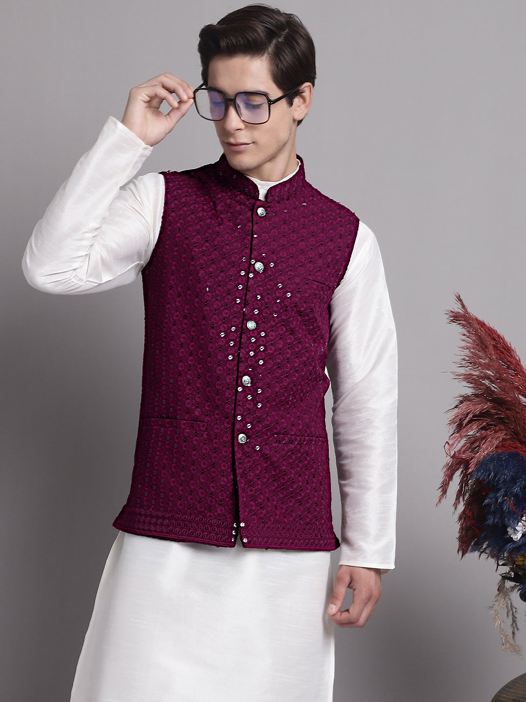 Jompers Men's Purple Sequins and Embroidred Nehru Jacket With Solid Kurta Pyjama | Grocsy