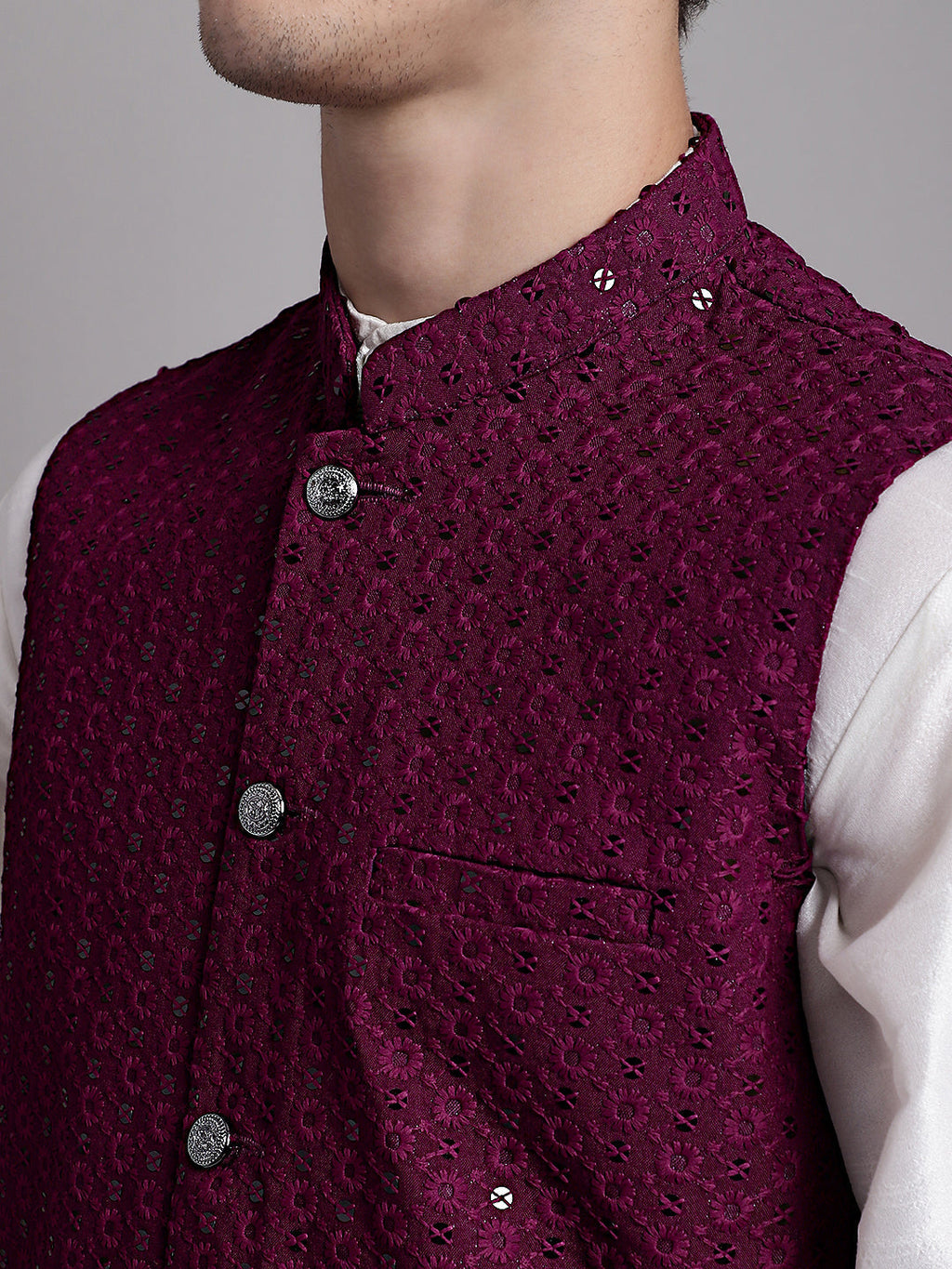 Jompers Men's Purple Sequins and Embroidred Nehru Jacket With Solid Kurta Pyjama | Grocsy