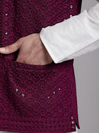 Jompers Men's Purple Sequins and Embroidred Nehru Jacket With Solid Kurta Pyjama | Grocsy