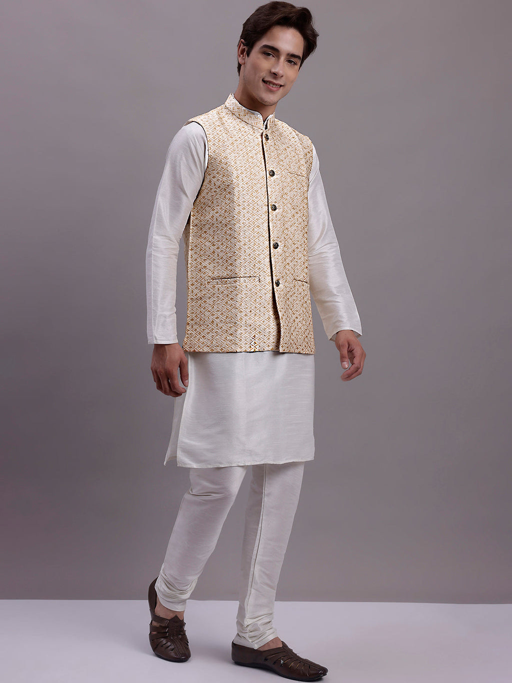 Jompers Men's Cream Woven Design Nehru Jacket With Solid Kurta Pyjama | Grocsy