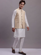 Jompers Men's Cream Woven Design Nehru Jacket With Solid Kurta Pyjama | Grocsy