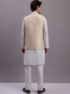 Jompers Men's Cream Woven Design Nehru Jacket With Solid Kurta Pyjama | Grocsy