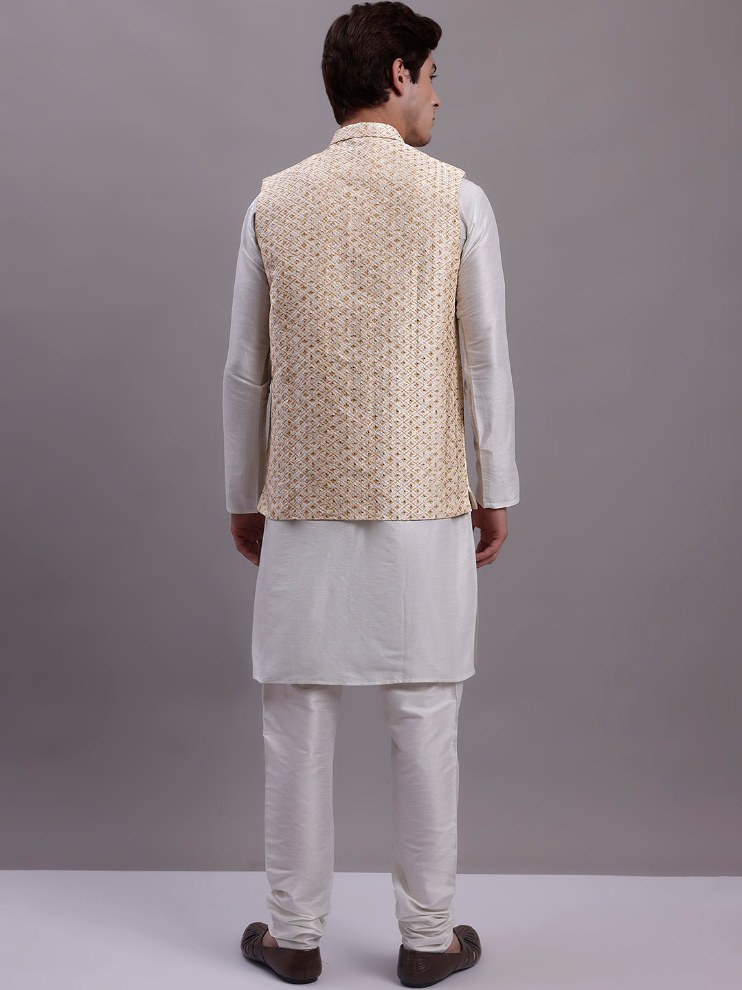 Jompers Men's Cream Woven Design Nehru Jacket With Solid Kurta Pyjama | Grocsy