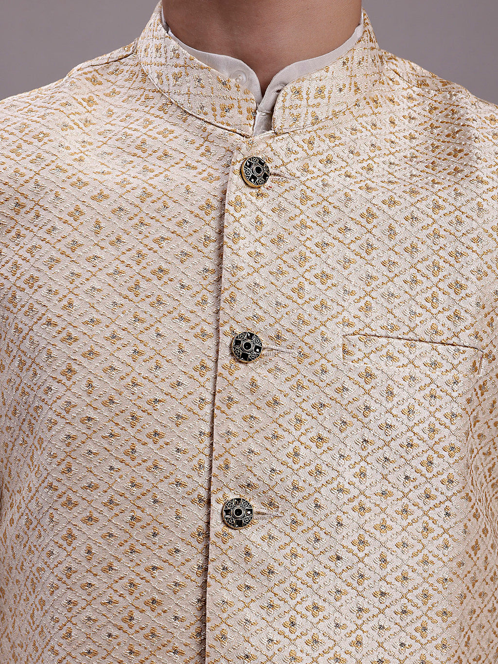 Jompers Men's Cream Woven Design Nehru Jacket With Solid Kurta Pyjama | Grocsy